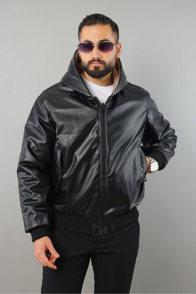 MİS MODA Men's Double Sided Hooded Winter Leather Coat