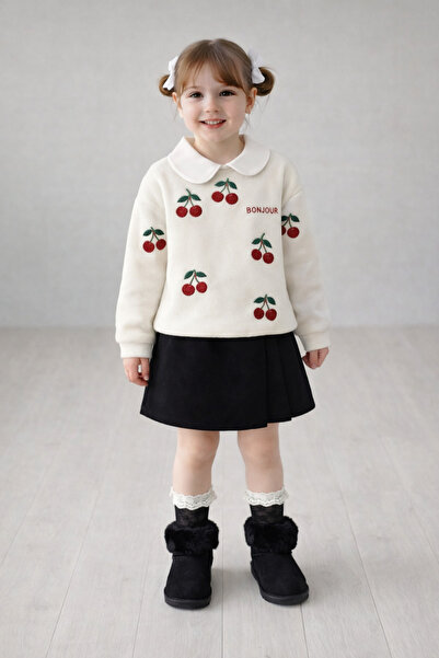 nazarbebe Girl's Cherry Patterned Sweatshirt and Black Shorts Skirt Two-Piece...