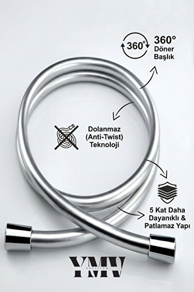 YMV Kopmaz Pürüzsüz Gri PVC Duş Hortumu 150 cm - 360° Döner Başlıklı Kırılmaz...