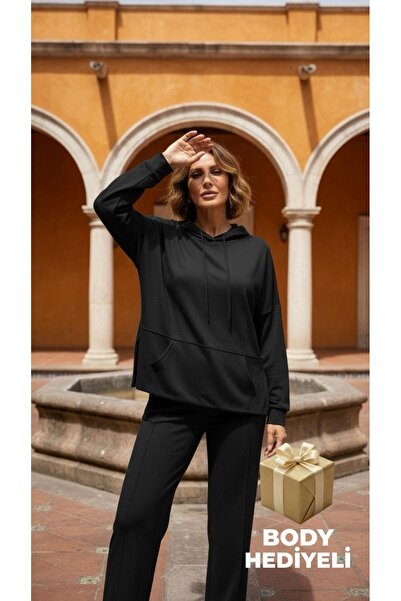 Moda Banuş طقم بدلة رياضية من قماش مودال بغطاء رأس بجزء جانبي مكون من شق أناب...