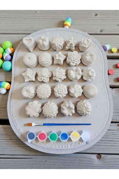 Atölye yüksel Şekiller Taş Boyama Seti = 24 Taş + 6 Renk Boya + 1 Fırça