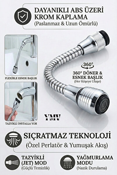 YMV Tasarruflu Musluk Başlığı Esnek Yapı 360° Hareketli 2 Fonksiyonlu Mutfak ...