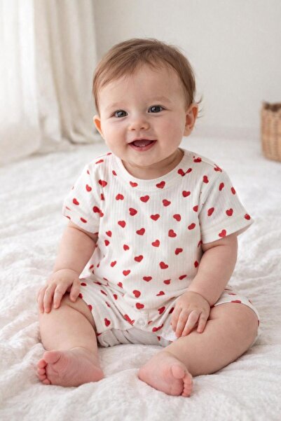 minella kids Heart Pattern Short Sleeve Snap Jumpsuit
