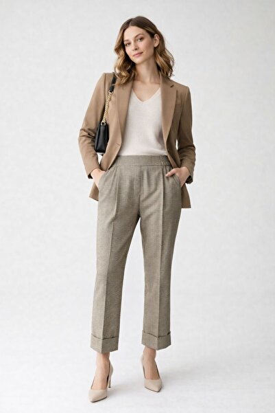 MG High Waist Woven Fabric Elastic Waistband Brown Fabric Pants