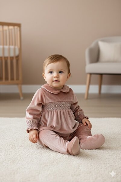 Babydola Kız bebek kadife alt üst takım rokoko işli kadife takım
