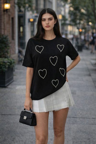 OYERGA MODA Tricou de damă cu imprimeu inimă perle