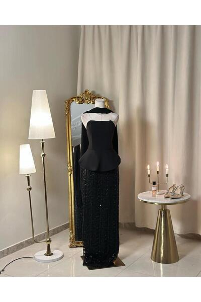 vanus fashion فستان اسود انيق بتطريزات و شال 5537
