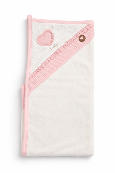 Pure Boutique White baby towel with hood and pink heart applique, soft and de...