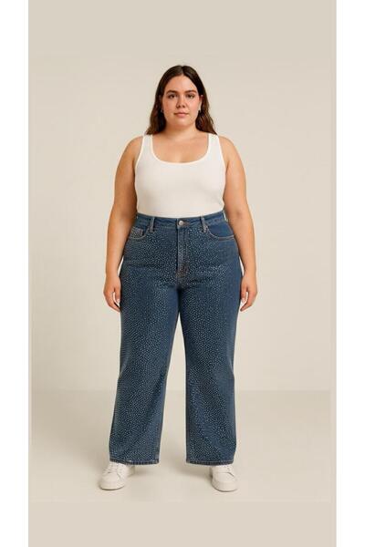 N&D KADIN-BÜYÜK BEDEN JEANS GENİŞ PAÇA SERPME TAŞLI KOT PANTOLON