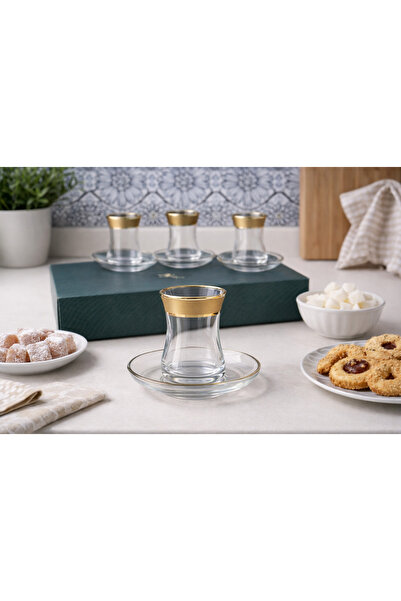 BYART Turkish Tea Cups Set 6 Cups and 6 Plates Transparent/Gold