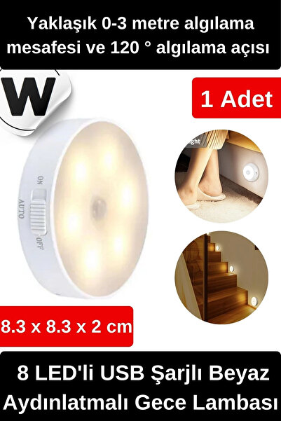 Wonara Özel Tasarım Mıknatıslı 3 Modlu Hareket Sensörlü 8 LED'li USB Şarjlı B...
