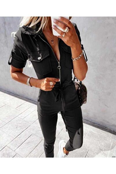 modakyra بذلة نسائية من قماش الكريب المستورد باللون الأسود مع تفاصيل جيب بسحا...