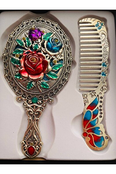 GALATA GIFT مجموعة مشط مرآة، علبة معدنية، طقم هدايا، فرشاة شعر مرآة 13 سم