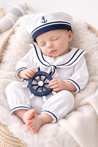 O Baby Erkek Ekru Lacivert Bahriyeli Natural Tulum