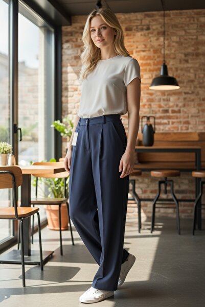 modayiğit Lacivert kumaş pantolon kadın palazzo