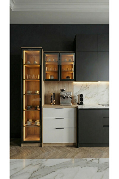 Vanmed Home Doğa 120 Meşe Reflekte Cam Kapaklı Ledli MDF Kahve Köşesi Dolabı ...