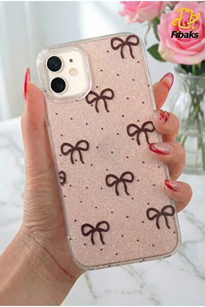 Fibaks Apple iPhone 12/12 Pro Uyumlu Kılıf Simli Siyah Fiyonk Desenli Renkli ...