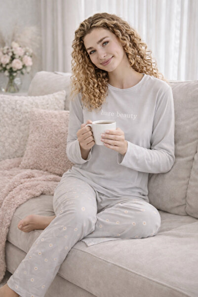 Mihra Women's Light Gray Pajama Set Long Sleeve Patterned Comfortable Fit