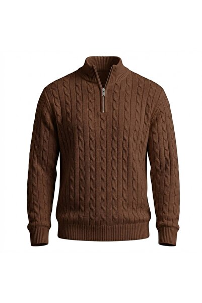 Valiberta Bardem Braided Half-Zip Men's Knit Sweater - Brown