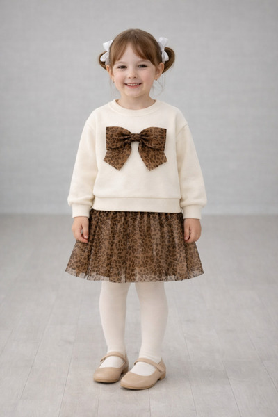 Lumino 3-7 Years Old Girl's Skirt Suit Bowknot Sweatshirt Leopard Tulle Skirt