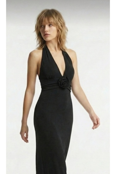 OLSAMODA Women's Draped Rose-Detail Open Back Sleeveless Wedding Prom Engagem...