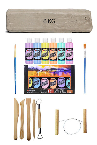ACUTO Beyaz Seramik Hamuru 6 Kg Red Apple Pastel Akrilik Set 6lı 70 Cc Ebeşua...