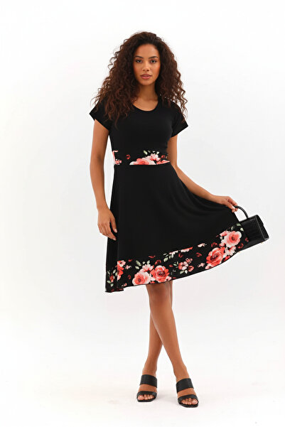 MaxiMor Kadın Siyah Renk Bisiklet Yak Kısa Kol Yazlık Midi Boy Elbise