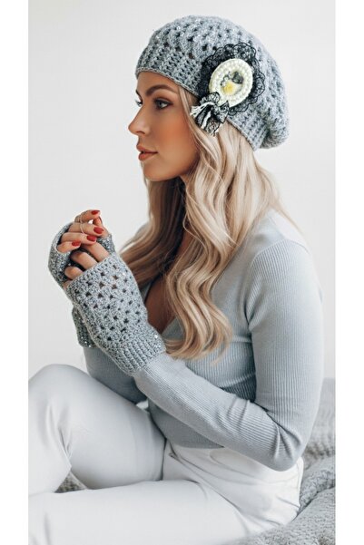 drt tasarım French Beret Gray Brooch Decorated and Glove Set