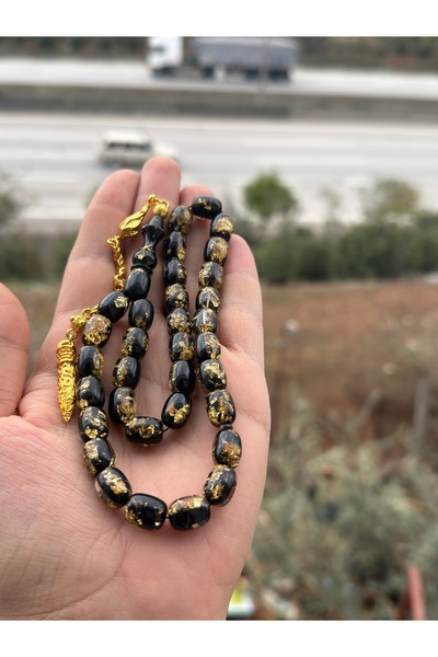 Dağ Kehribar 24 AYAR ALTIN PARÇAÇIKLI ALTIN KAPLAMA ÖZEL PÜSKÜLLÜ TESBİH