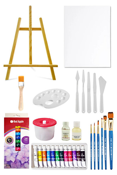 ACUTO Masaüstü Şövale Seti Tüp Yağlı Boya Seti 12li Plastik Spatula Seti 35x5...