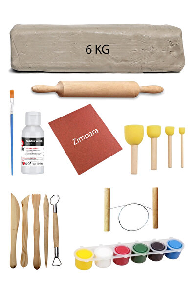 ACUTO Beyaz Seramik Hamuru 6 Kg Kil Ebeşuar Seti 6x15 ml Akrilik Set 100 ml V...