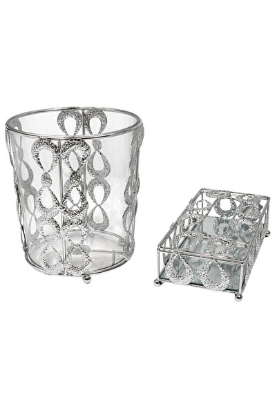 ALQANNAS Elegant Silver Waste Bin & Matching Tissue Box Set with Acrylic Inne...