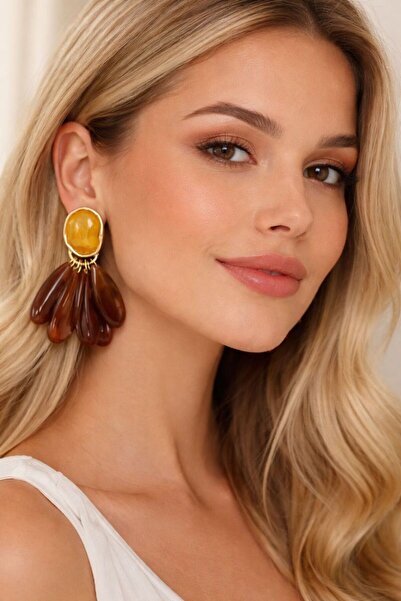 BY YASİN TOPÇU 🍯   Amber Tone Dangle Gold Detailed Luxury Earrings 🍯