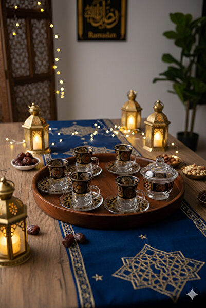 Modern shop طقم شاي تركي من 6 كاسات و6 صحون وسكريه لون ذهبي مع اسود