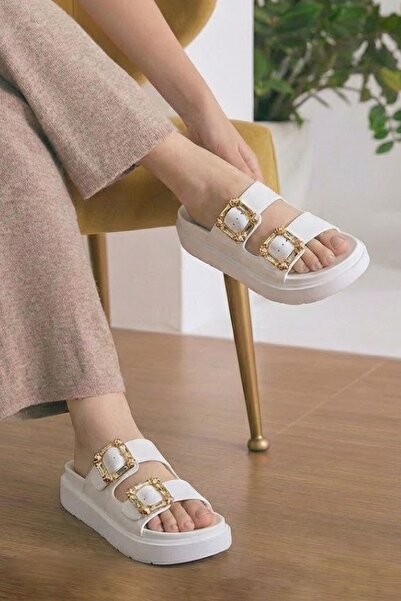 Nstil Daily Women's White Slippers Double Buckle Metal Detail Soft Comfortabl...