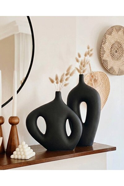 Hestia Home Clio ve Büyük Kollu Vazo Seramik Vazo Seti Siyah