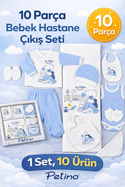 Petino %100 Pamuk Yenidoğan Mavi Ayıcık Desenli 10 Parça Hastane Çıkışı Seti ...