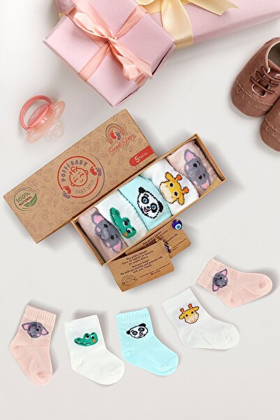 poffibaby 5 li Sevimli Dostlar Kutulu Premium Organik Pamuk Unisex Bebek Çorabı