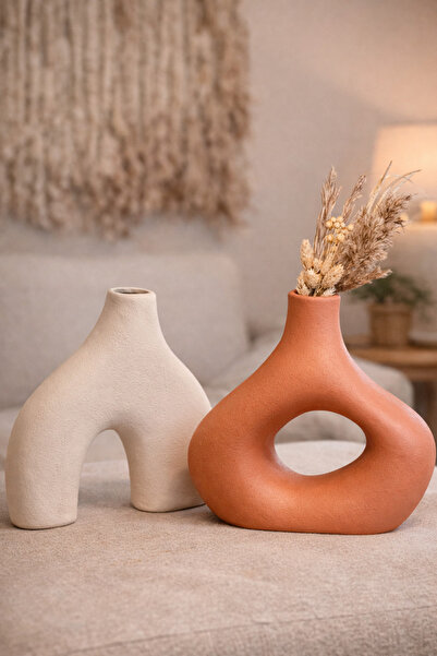 Ruuf Design Dekoratif İskandinav Somon Krem Seramik Vazo İkili Set