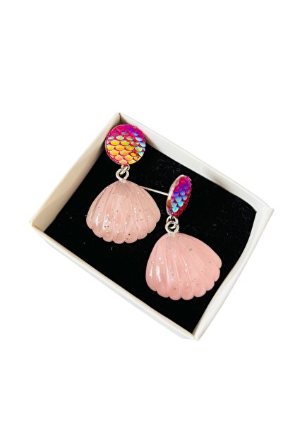 1PARÇAMAVİ Çivili Pembe Deniz Kızı Küpesi