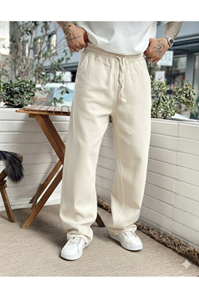 A&O Style بنطلون رجالي فضفاض من قماش الغبردين بخصر مطاطي ورباط