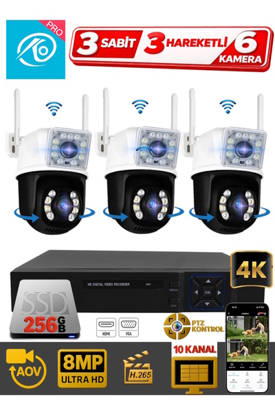 Ventus O-Kam Pro Set 6 Kameralı (3 Sabit + 3 Hareketli) 256GB NVR Güvenlik Si...
