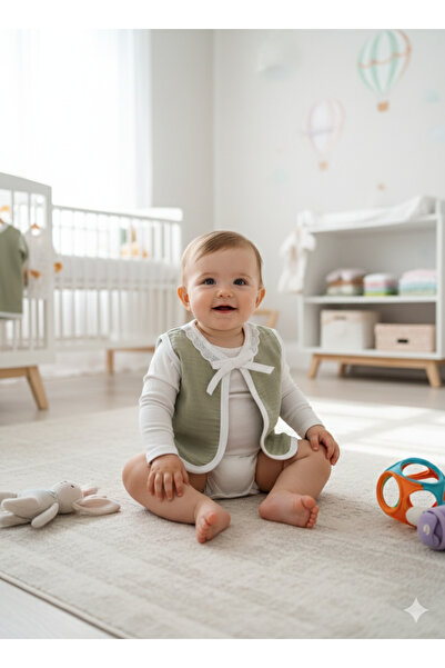 PURE BABY NATURA Organik Müslin Bebek Yeleği, kız bebek yelek, haki