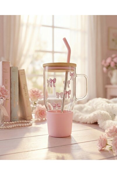 Anka Grup ANKA Bambu Kapaklı kurdele desenli Çelik Pipetli Bardak Cam Termos ...