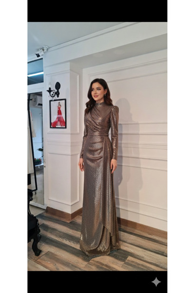 makbuleofficial Işıltılı Kumaştan, Drape Detaylı,Şık, Tesettür Abiye