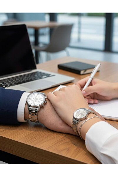 ÇENÇEN Özel Kutusunda Gümüş Çift Kol Saati Metal Kordon Dokunmatik Led Sevgil...