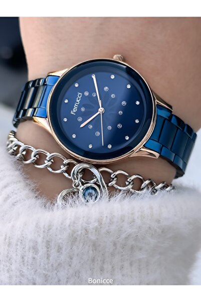 Ferrucci Brand Steel Cord Navy Blue Color Women Wristwatch+ Bracelet