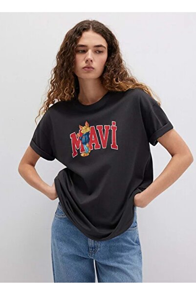 Mavi M1613285 Kedi Logo Baskılı Loose Fit T-Shirt Kadın Tişört SİYAH