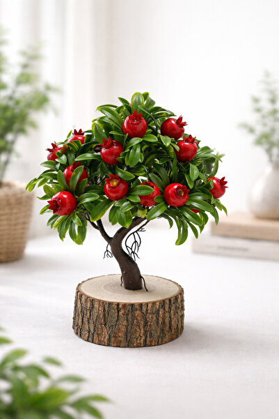 Lineva Doğal Kütük Üstü Nar Ağacı – Dekoratif Yapay Meyve Ağacı – Ev & Ofis M...