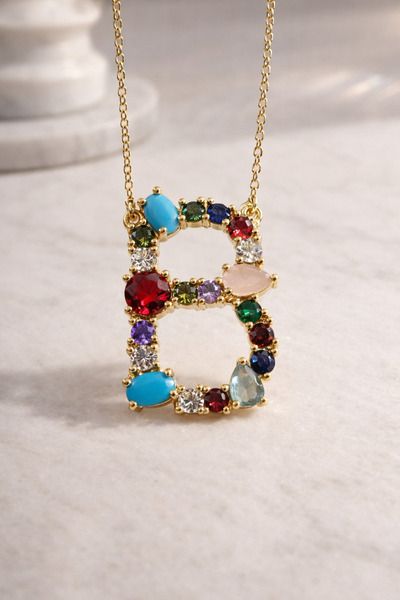 FA LORA TAKI B Harfi Altın Kaplama Zirkon Renkli Taşlı Harf Kolye